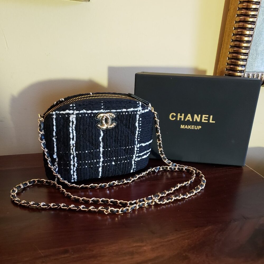 CHANEL VIP Gift Half Moon Tweed Mini Bag Black/White with Gold Accents.